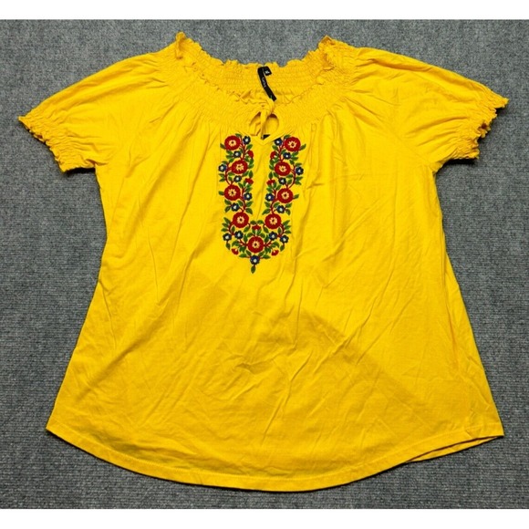 Cathy Top Blouse Womens XL Yellow Floral Knot Round Neck Short Sleeve Cotton New - Picture 1 of 9